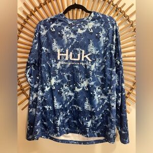 Huk Men’s Navy /White Camouflage Performance Crew Shirt Long Sleeve Fishing 🐟